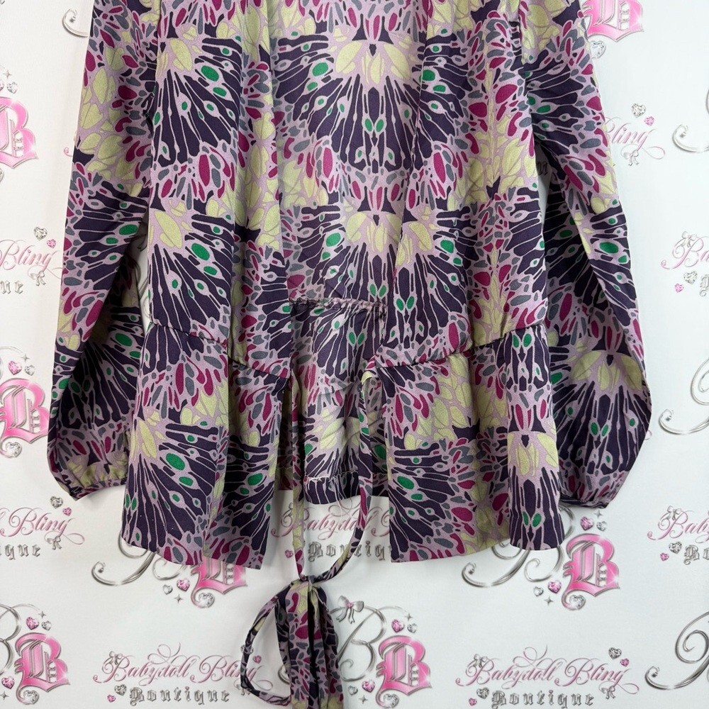Banana Republic blouse long sleeve floral Purple and Green Wrap shirt tie up - Picture 9 of 13